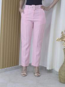 Women's Tailored Formal Pants In Polyester Elastane With Belt - Maxma 6622 - Baby Pink 2 - View 2