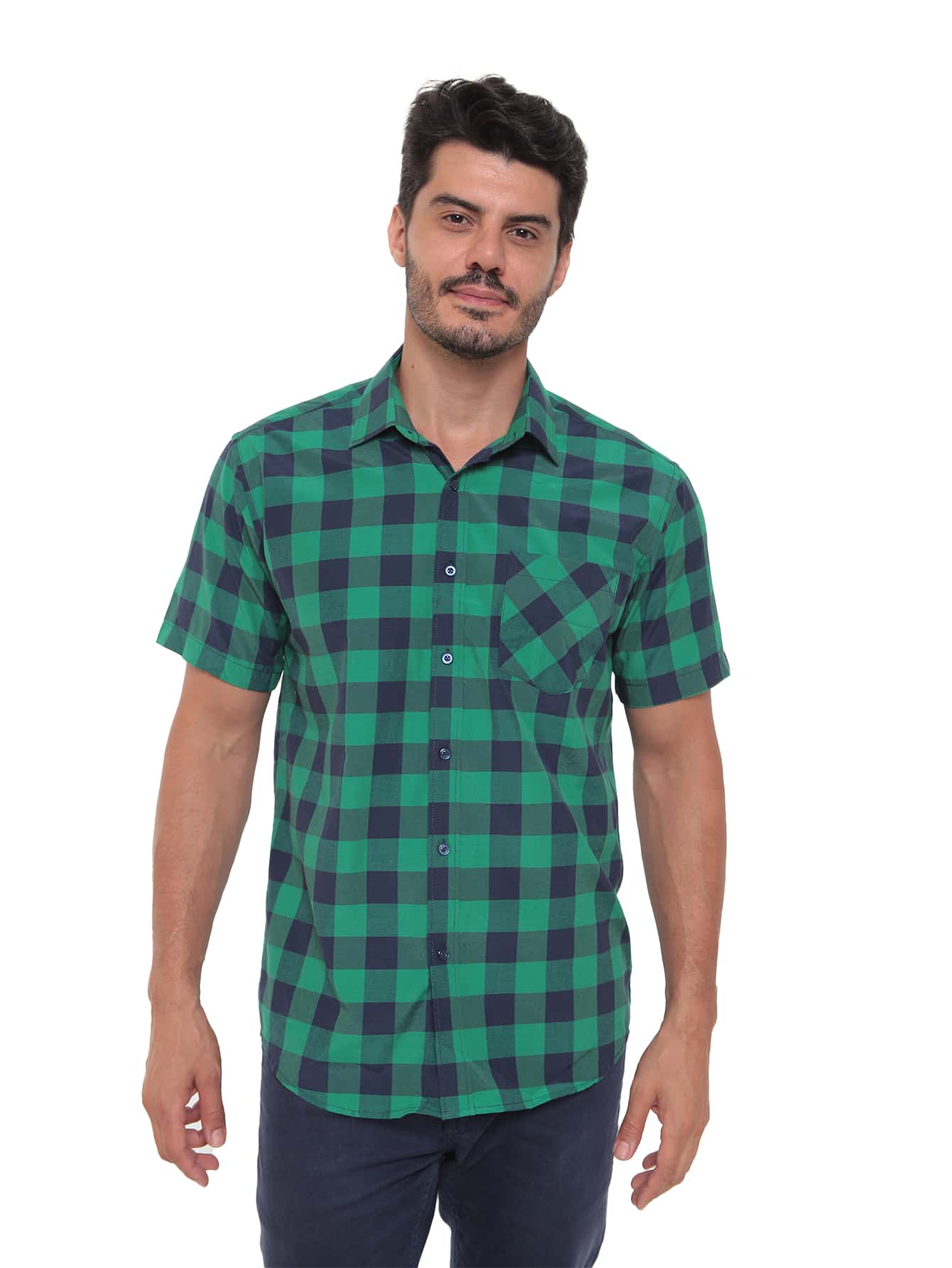 Rand paul Men's Plaid Shirt Casual Slim Fit Short Sleeve With Pockets Imported - 綠色 - 查看 1