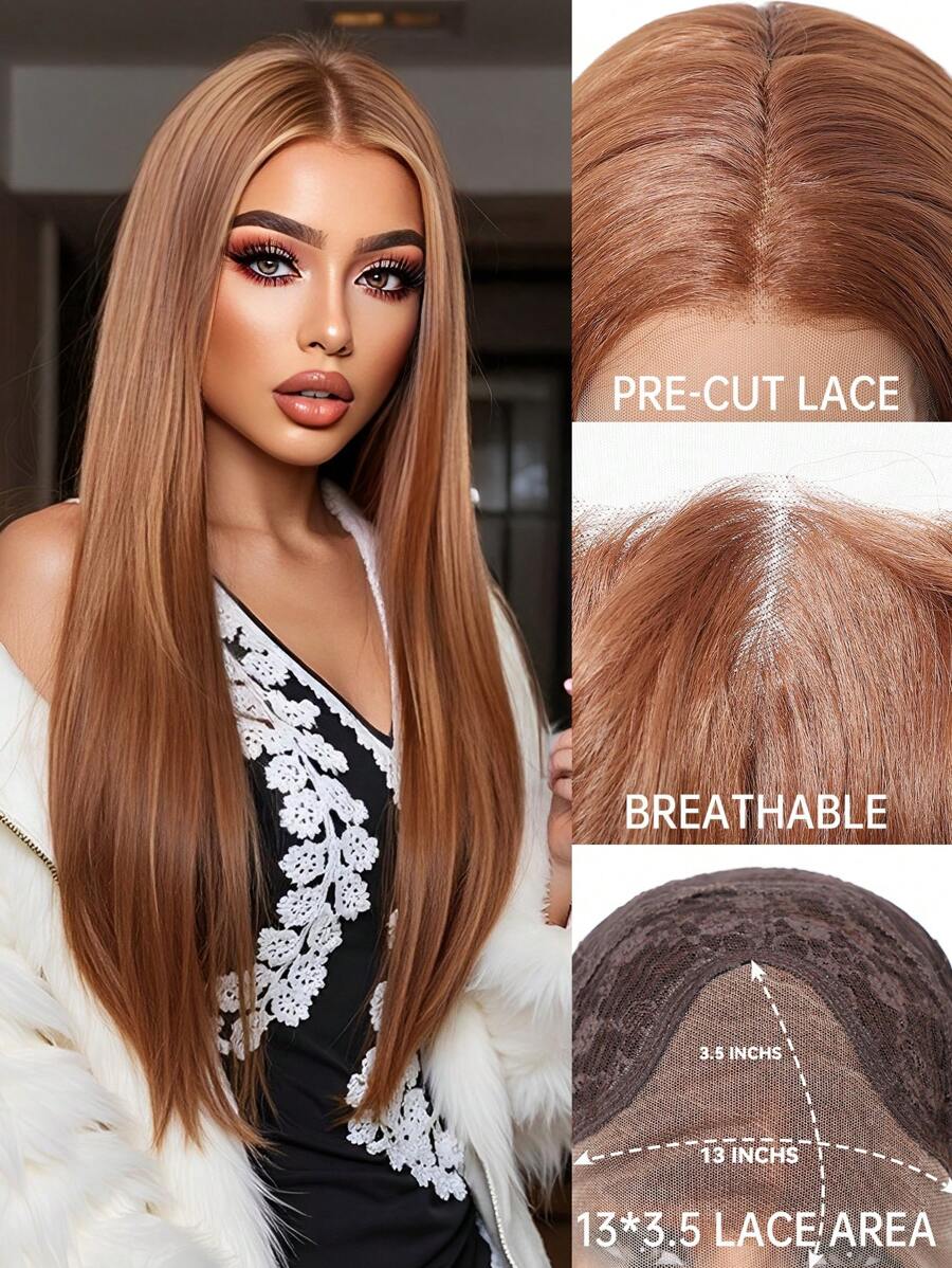 13*3.5高清透明蕾丝前假发蛋白丝高温纤维棕色波浪天然合成自然假发派对婚礼音乐节万圣节礼物 - 彩色 - 查看 1