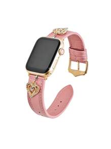 Pink Dual-Tone Leather Band Compatible With Apple Watch Series Ultra/Se/10/9/8/7/6/5/4/3/2/1 | Adjustable Pin Buckle With Heart Charm | Soft Compatible With Replacement Strap 38/40/41/42/44/45/46/49mm - 42mm/44mm/45mm/49mm - View 5