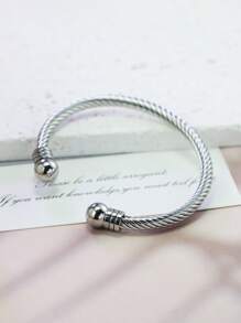 1pc Stainless Steel Elastic Wire Male Bangle - Silver - View 3