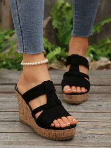 Plus Size Women's Wooden Grain Platform Peep Toe Wedge Sandals With Cutout Design