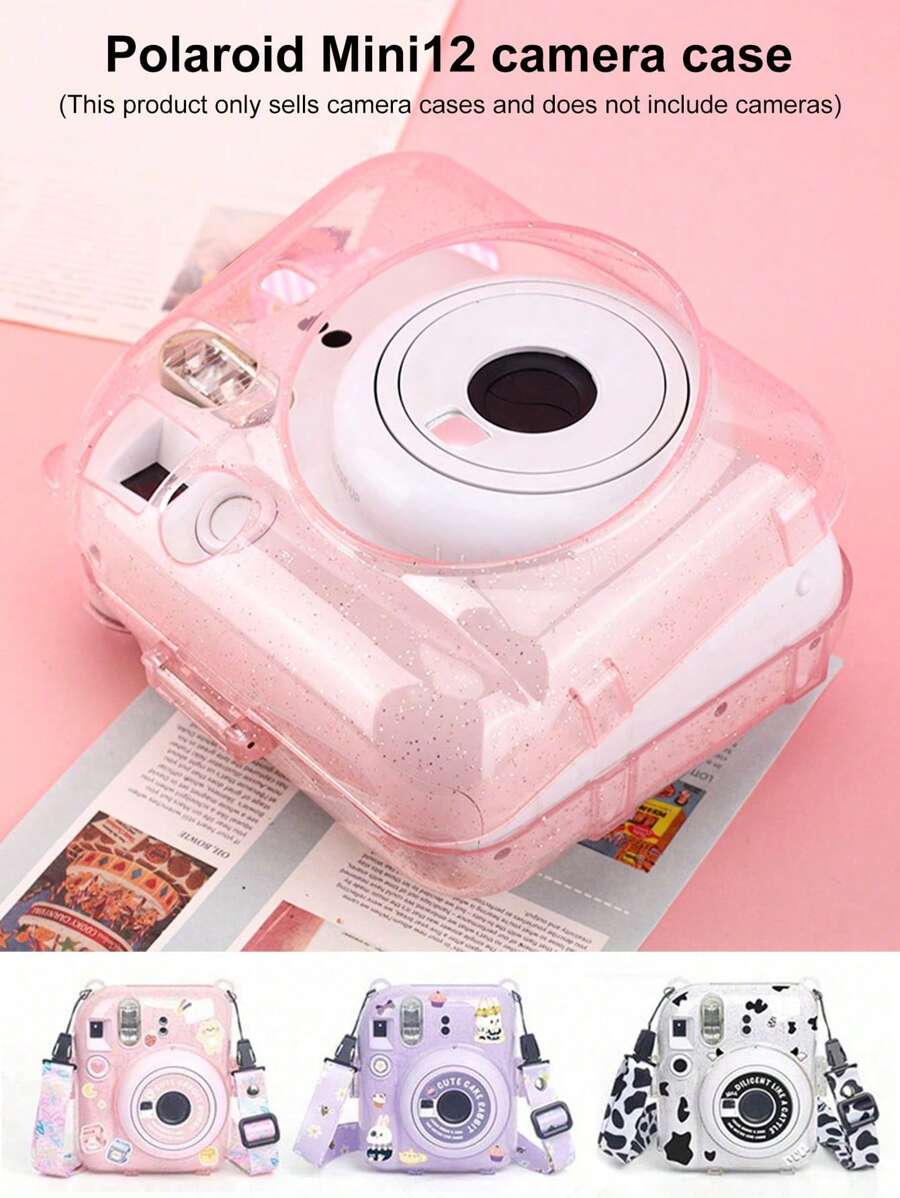 Mini 12 Instant Photo Bag With Glitter Crystal Shell Kit - Protective Case, Creative Stickers, Neck Strap 3 In 1 Set, Anti-Fall Anti-Scratch
