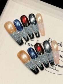 10Pcs Cat Eyes Long False Nails With Flash Glitter Long Lasting Material Waterproof False Nails For Professional Nail Art Salon Supply Press On Nails Nail Supplies Nails