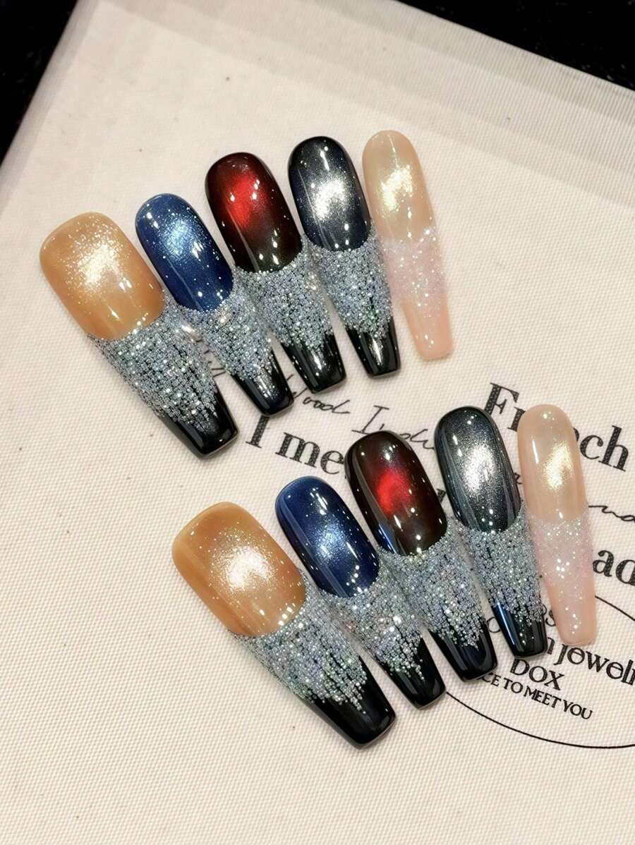 10Pcs Cat Eyes Long False Nails With Flash Glitter Long Lasting Material Waterproof False Nails For Professional Nail Art Salon Supply Press On Nails Nail Supplies Nails
