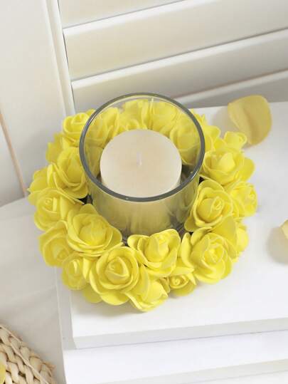 1PC 6 Inch(H) Mini Simulation Rose Wreath Home Wedding Birthday Party Table Top Candle Ring Decoration Gifts Graduation