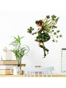1pc Home Decorations Mid-Century Modern Fairy And Butterflies Wall Decals - PVC Self-Adhesive Fantasy Themed Cartoon Wall Stickers For Living Room Bedroom Decor - Single Use, Mid-Century Fantasy Wall Art Decorations, Vinyl Decal For Home Decorations, Wall Decoration Items Refresh Your Home - Dark Green - View 10