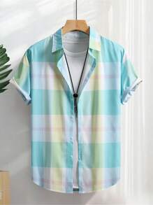 Men's Casual Short Sleeve Plaid Print Shirt, Summer Men's Wear