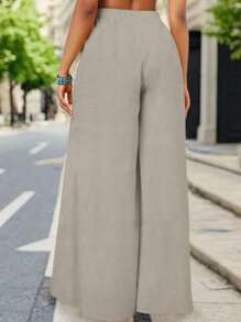 Women's Fashionable, Casual And Elegant Wide-Leg Pants With High Waist, Elastic Waistband And Side Straps, Suitable For Spring And Summer - Beige - View 2