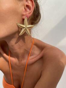 1 Pair Retro Elegant Fashion European & American Style Faux Pearl Decor Earrings, Metallic Gold Starfish Beach Style Stud Earrings, Suitable For Women's Daily Wear, Beach Vacation Jewelry, Gift For Girlfriends