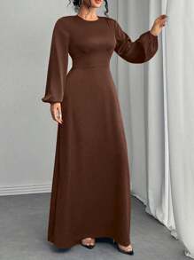 Women's Solid Color Round Neck Elegant Lantern Sleeve Simple Waisted Dress,Modest
