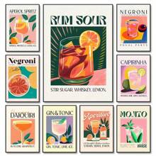 1pc Cartoon Cocktail Drinks Negroni Daiquiri Posters Retro Mojito Canvas Prints Wall Art Painting Pictures Bar Kitchen Home Decor No Frame