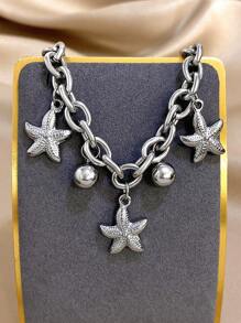 1 pièce Bracelet chaîne de perles en forme d'étoile de mer en acier inoxydable doré, bracelet empilable pour femme. Bijou de fête quotidienne pour anniversaire, Noël