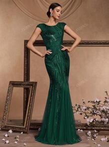 Vestido de noche con cuello redondo y mangas cortas con decoración de lentejuelas para mujer, elegante vestido formal para graduación, fiesta de cena, boda y eventos