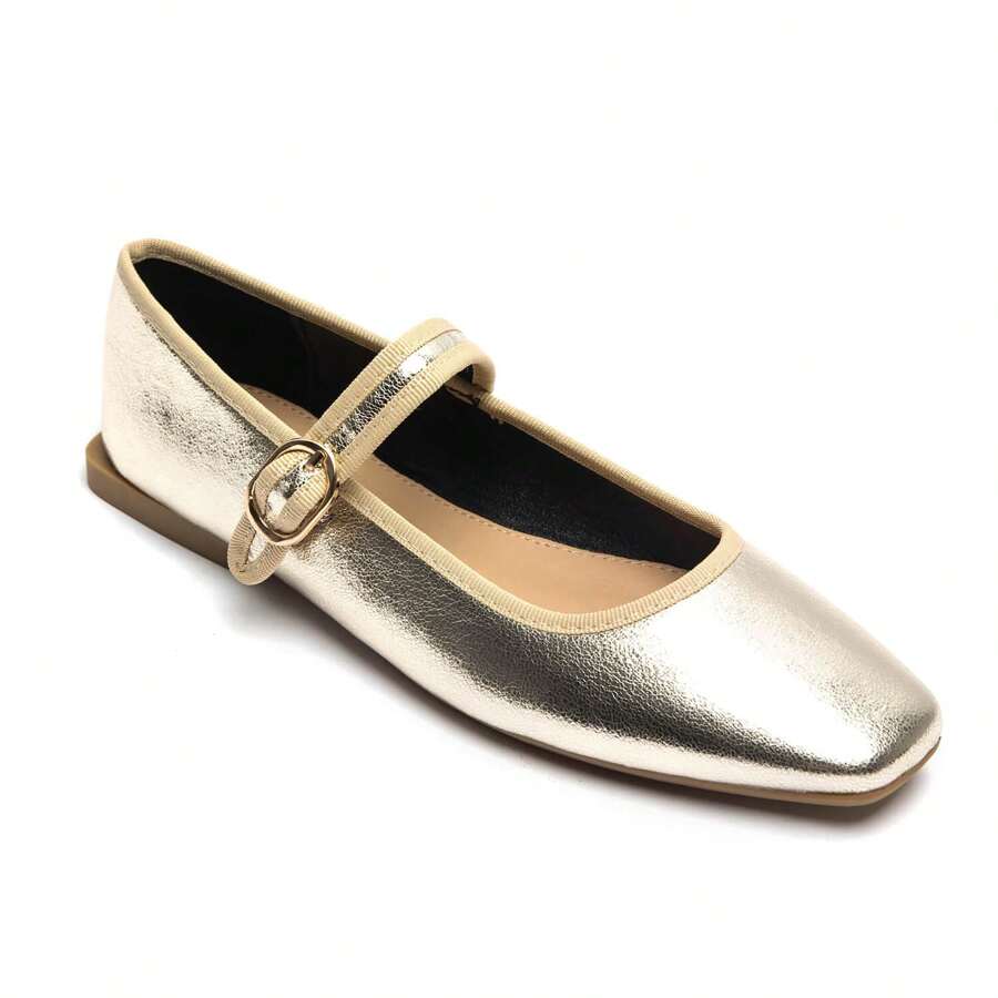 Suede Mary Jane Ballerinas With Adjustable Strap - Gold - View 1