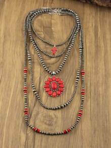 Bộ 4 chiếc/bộ vòng cổ dài đính hạt giả ngọc lam & đỏ cổ điển, phong cách Boho Cowgirl, quà tặng hoàn hảo cho sinh nhật, năm mới, ngày lễ tình nhân, phong cách nghỉ dưỡng miền Tây/Cowgirl, hạt Bohemian cổ điển - Đỏ - Xem 4