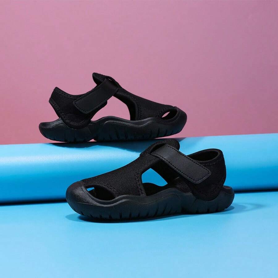 Toddler Summer Sandals With Protective Toe Cover, Breathable Soft Sole Anti-Slip Casual Nursery School Shoes With Adjustable Double Hook And Loop Closure - Black - View 1