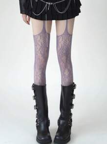 1 双女士性感深色哥特式蜘蛛网提花渔网连裤袜，适合万圣节 - 淡紫色 - 查看 2