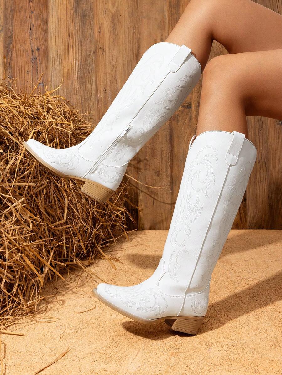 Women's Chunky Heel Embroidered Western Boots Pull On Side Zipper Knee High Boots Comfortable Fashionable Versatile Casual Outdoor Western Cowboy Cowgirl Boots - trắng - Xem 1