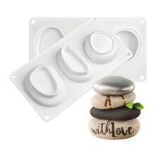 3 Cavidades Molde de Silicone 3D Tamanho Real de Pedra Oval Forma de Seixo, Assadeira de Bolo, Mousse, Sobremesa, Bakeware, Molde de Pedra Feita à Mão de Gesso, Concreto, Vela, Sabão