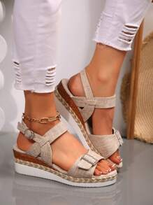 Sandálias femininas plus size com fivela de diamante e decoração de dedo do pé, fundo de corda, sola grossa, estilo praia, férias, bege, sandálias romanas de verão versáteis e confortáveis - Bege - Ver 5