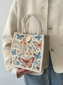 Linen Tote Bag, Butterfly Pattern Tote Bag, Reusable Fashionable Multipurpose Shopping Bag, Annual Meeting Gift Bag, Customizable Design, Minimalist And Elegant, Can Be Used As Bridesmaid Wedding Gift Bag, Student Bag, Back To School And Teacher Bag, Perfectly Meets The Needs Of Gift Promotions, Giveaways, Exhibitions, Surface Can Be Silk-Screened, Embroidered Or Heat-Pressed.