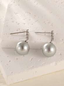 1 Set de Joyería elegante y suave con cubic zirconia en tono plateado, aretes y collar de perla gris simulada de plata esterlina 925, adecuado para uso diario de mujeres y como regalo