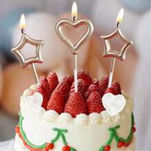 3支装心形星形生日派对蛋糕蜡烛装饰，简约风格生日蜡烛，高品质，适用于生日蛋糕、烘焙甜点、面包、烛光晚餐、生日、派对、婚礼、节日、情人节、母亲节等场合。