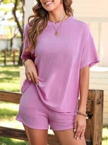 ASVIVID Summer Casual Ribbed Knit Loose T-Shirt And Shorts Set - Hot Pink - View 5