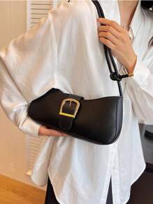 Versatile Minimalist PU Plain Buckle Shoulder Bag, Simple And Fashionable - Black - View 5
