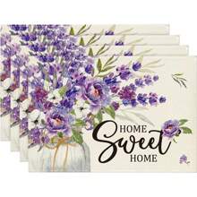 1-Piece, 4-Piece, 6-Piece Fresh Purple Floral Spring Series Placemats, 30 * 45cm Asymmetric, Animal, Plant Pattern Table Decoration, Spring Holiday Tablecloth Table Mat, Coaster Suitable For Family Parties, Kitchen Decoration, Restaurant, Company Gatherings