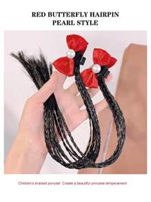 Postiche de queue de cheval tressé en cheveux synthétiques pour enfants avec accessoire nœud papillon. Extensions de cheveux tressées clip-in résistantes à la chaleur pour enfants
