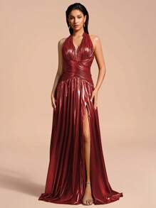 Romantica Women's Solid Color V-Neck Pleated Hem Slit Elegant Formal Dress, Sleeveless - Burgundy - View 5