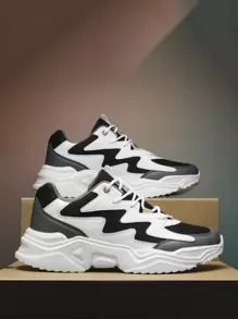 Men's Letter Graphic Color Block Lace-Up Sneakers, Stylish Thick Sole Shoes For School, Students Casual Sports Shoes, Road Running Trainers - 灰色 - 查看 3