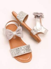 1 Pair Of Girls' Silver Glitter Mesh Bow Sandals With Sequins, Exposed Toes, Low Cut, Hook And Loop, Flat Heel, Sweet Princess Style Sandals, Summer Performance, Daily Matching Shoes - Silver - View 4