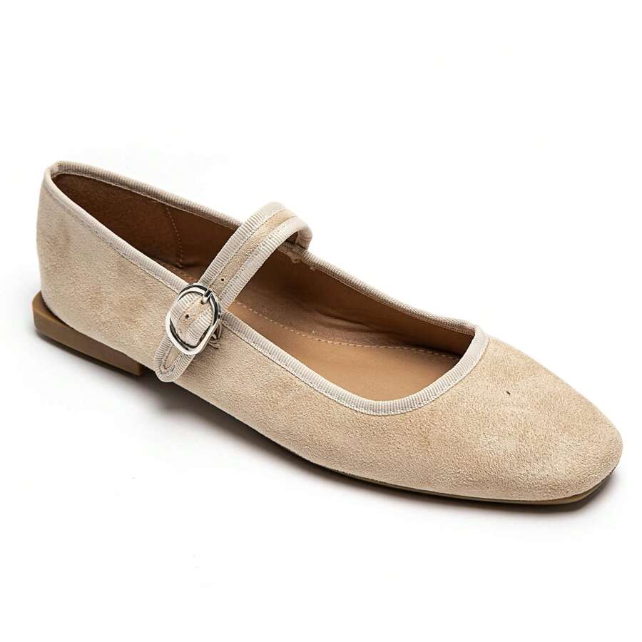 Suede Mary Jane Ballerinas With Adjustable Strap - Beige - View 1