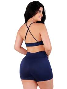 Work Fitness Kit 2 Set Of Backless Top With Cross Straps And Basic Premium Bermuda Shorts - Blue - View 3