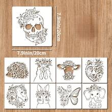 9pcs Floral & Animal Stencil Set, 7.9x7.9 Inch Reusable Floral Skull Stencils With Metal Rings, Patterns Include Elephant, Cow, Rabbit, Wolf, Butterfly, Etc., Suitable For Painting On Wood, Walls, Farmhouse Style Canvas, Scrapbooks And Other Home Decor - White - View 8