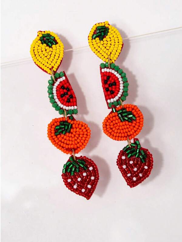 1 Pair Handmade Fruit Beaded Multi-Layer Pendant Earrings, Fresh Strawberry Watermelon Citrus Lemon 4 Charms, Suitable For Daily Wear