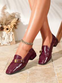 女士乐福鞋一脚蹬，酒红色时尚粗跟方头穆勒鞋