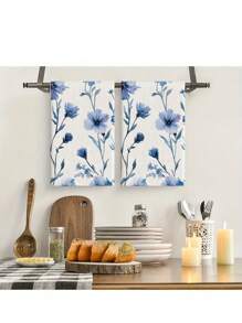 2pcs Set Watercolor Floral Pattern Kitchen Towels, Soft Absorbent Hand Towels For Kitchen, Dining Table, Bathroom, Home Use