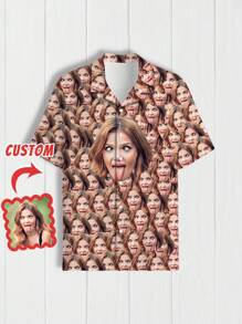 1pc Customizable Men's Hawaiian Shirt, Brazilian Collar Button-Up Shirt, Personalized Men's Short Sleeve Shirt With Funny Face Print, Personalized Photo Gift For Boyfriend, Husband, Family, Friends Ornamental,Dawg Stylish,Fashion,Hipster,Contracted,Easy Costume,Modest Fashion,Minimal Chic,Casual Custom,Unique,Personalized Ideal Gifts For Him Family,Boyfriend,Friends,Children