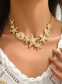 Fashionable Versatile Starfish & Shell Design Necklace For Women, Perfect For Beach, Party, Gathering, Spring/Summer Beachwear Accessories, High-End Jewelry - Yellow Gold - View 1