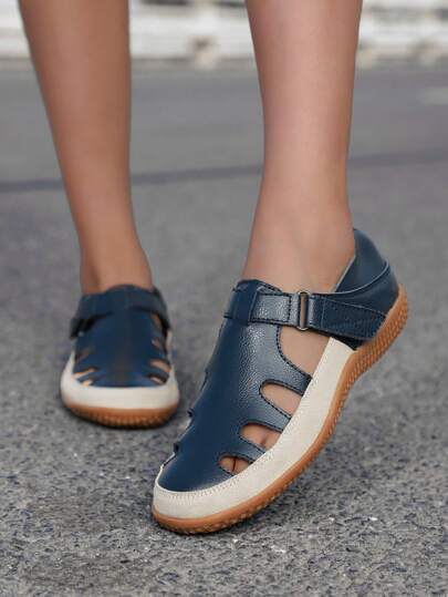 Vintage Rzymskie Sandały z Jedną Klamrą, Casual Gruba Podeszwa Zamknięte Palce Skórzane Sandały Z Miękką Podeszwą Dla Kobiet