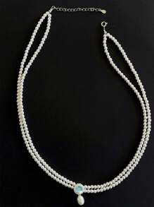 1pc S925 Sterling Silver Blue Sapphire & Pearl Pendant Double-Layer Pearl Necklace For Women, Exquisite Luxury Gift For Girlfriend/Mother On Valentine's Day, Engagement, Proposal