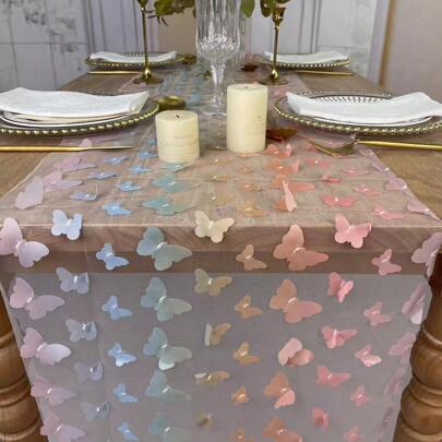 3D Butterfly Lace Tablecloth, 12x72 Inches Romantic & Rustic Bohemian Wedding Tablecloth, Transparent Bride Party Decor