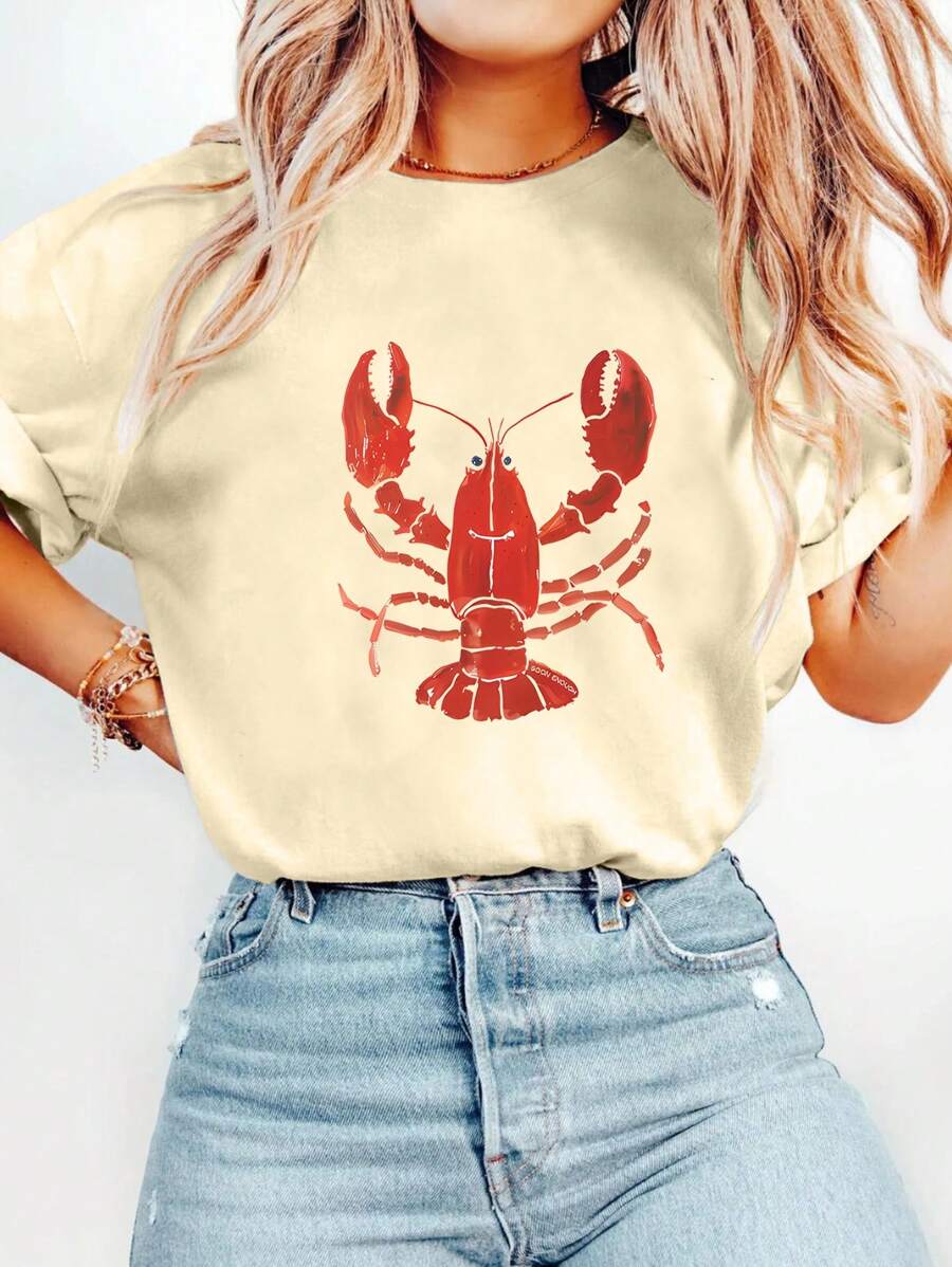Red Lobster Cartoon Letter Graphic Print T Shirt, Short Sleeve Crew Neck Casual Top For Summer & Spring, Women's T-Shirt - Màu be - Xem 1