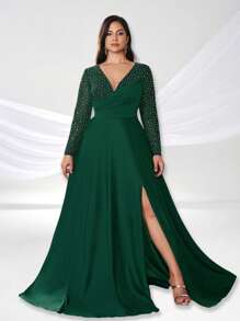 YISIKADO Vestido longo feminino plus size com strass, decote em V profundo, bainha dividida, formal, para festa, banquete, baile, casamento, convidado, jantar - Verde escuro - Ver 5
