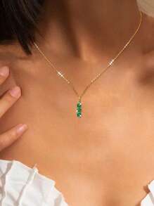 FOREVER QUEEN 1PC 925 Sterling Silver Green Three Zirconia Mini Clavicle Chain Necklace For Women Retro Party Jewelry Gift