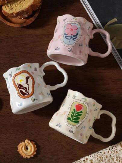 1pc Ceramic Mug With Romantic Floral Design, Hand Pinched Asymmetrical French Vintage Style Coffee Cup, Suitable For Matcha, Tea, Arabic Coffee, Large Capacity American Coffee, Perfect Gift For Friends And Family, Microwave & Dishwasher Friendly Back To School